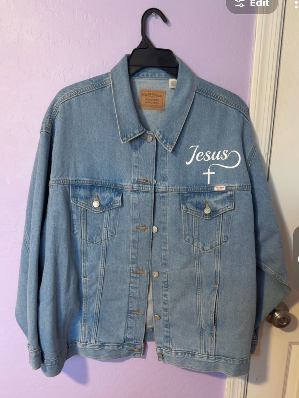 Levi's Light Blue Denim Trucker Jacket with 'Jesus' Script